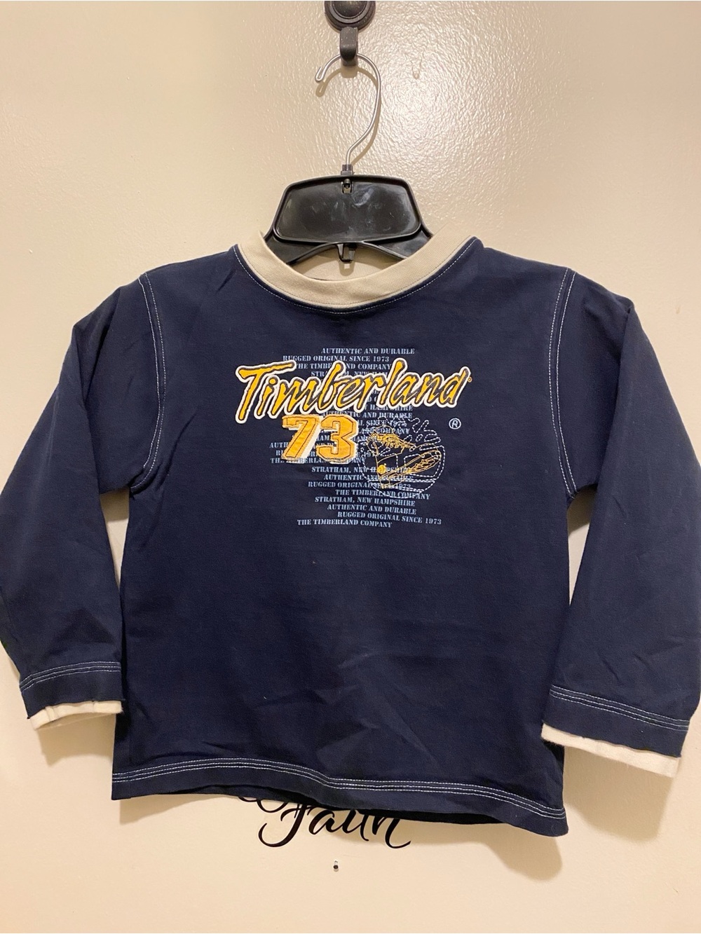 Timberland Navy Long-Sleeve Tee with Cream Trim and Yellow Logo. 4T (c)